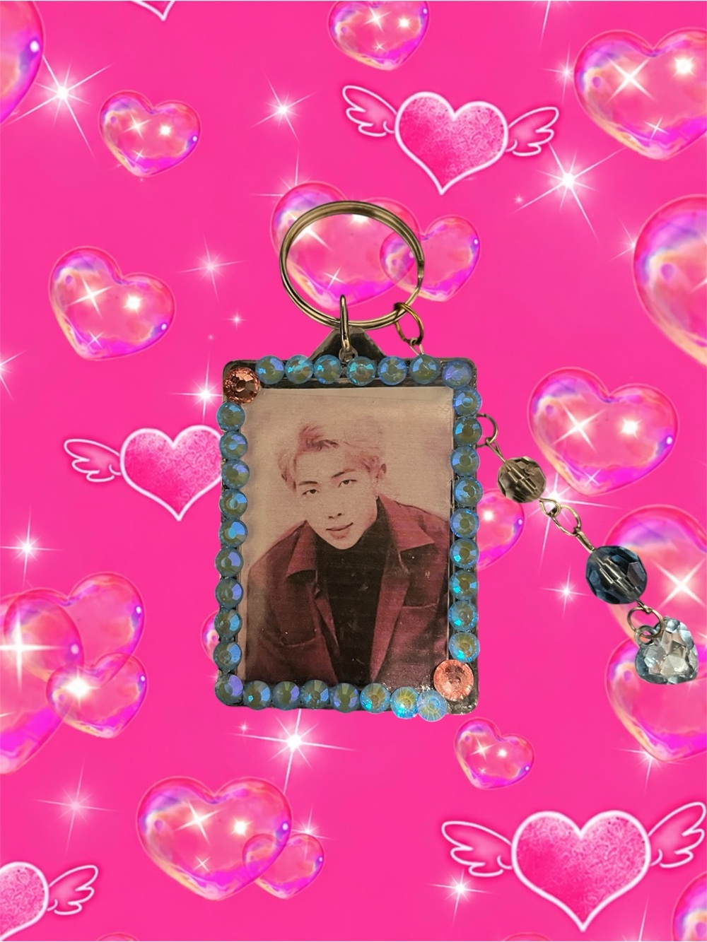 Bejeweled Rectangular Photo Keychain rm bts in Iridescent Blue